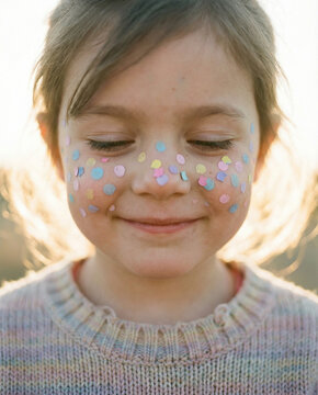 Portrait of a child with painted freckled face and confetti dots, whimsical pastel palette