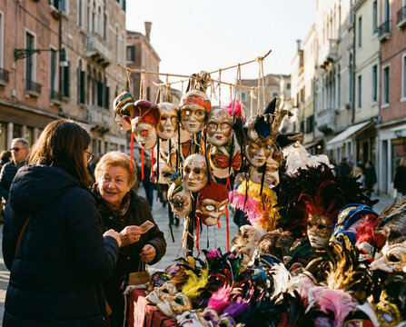Se&ntilde;ora en un puesto callejero de m&aacute;scaras venecianas comprando en carnavales