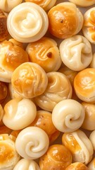 An overhead view of a densely packed assorted variety of golden and light colored small circular pastries