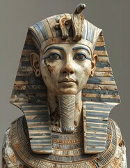 Antique Egyptian pharaoh bust with aged appearance, showcasing an ornate collar and headdress on a neutral backdrop
