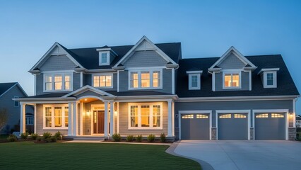 Beautiful two story house with illuminated windows at dusk