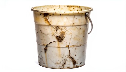 Broken white plastic bucket with deep cracks and dirt isolated on white background
