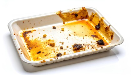 Used styrofoam food container with greasy yellow stains and leftover crumbs