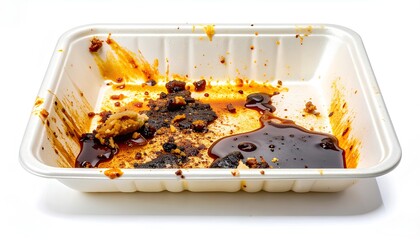 Empty disposable food tray dirty with dark soy sauce and grease stains
