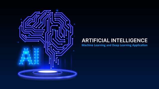 Artificial Intelligence Brain Concept with Digital Circuit Lines, Machine Learning and Deep Learning Technology Illustration with Futuristic Glow Stage