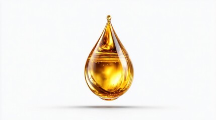 Golden liquid drop with internal reflections and bubbles, isolated on white background