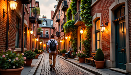 Fototapeta premium Young man walking down a charming cobblestone street at dusk 