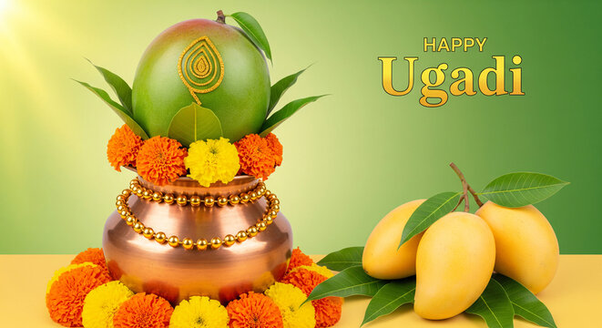 Happy Ugadi Poster Design with Indian Decoration. Gudi Padwa Marathi New Year