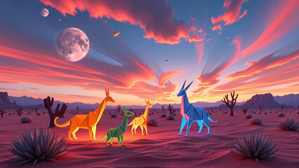 Fantasy Desert Landscape with Deer Under Dramatic Sky
