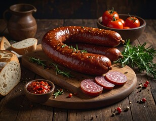 Appetizing sausage loop on a wooden board with bread, tomatoes, and sauce arranged on a rustic wooden surface