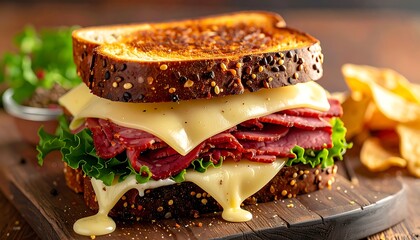 Appetizing sandwich with melted cheese, meat, and lettuce on toasted bread served with chips and a side salad