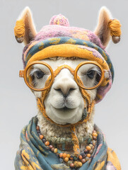 Fototapeta premium Portrait von einem Lama mit Brille und Mütze