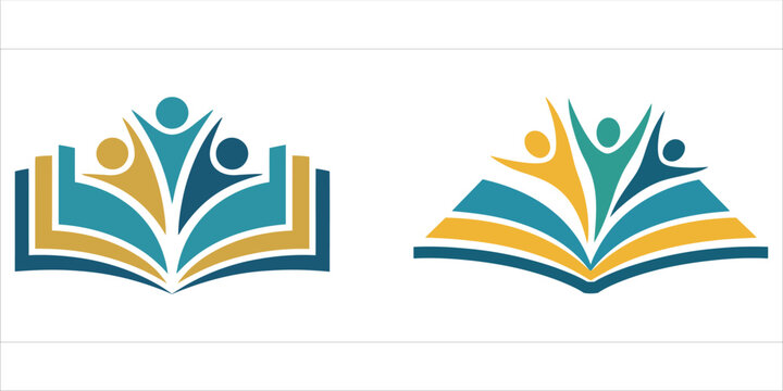 Empowering education: a vibrant logo depicting an open book with celebrating human figures vector illustration.