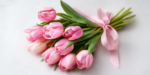 Bouquet of pink tulips tied with ribbon on light background   © AnaKonda.ai