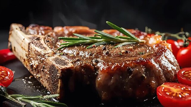 Juicy Grilled Bone Steak with Rosemary and Tomatoes on Dark Board