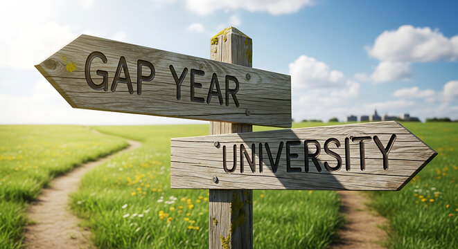 Gap Year vs University: Crucial future path decision for students at a crossroads in nature.