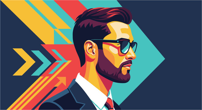 Stylish bearded man in a suit and sunglasses, depicted in a modern flat design vector illustration with dynamic arrow graphics, symbolizing progress and success.