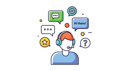 Customer support agent wearing a headset surrounded by chat bubbles representing communication and service © PrimePixel Studio