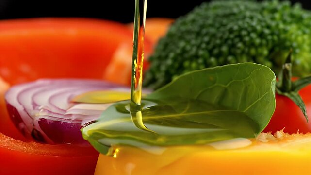 Golden olive oil pouring onto a vibrant yellow bell pepper, surrounded by a colorful array of fresh vegetables like red onion and broccoli, symbolizing healthy cooking and nutritious meal preparation
