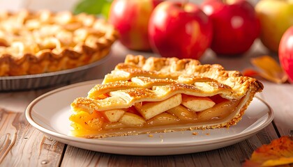 Apple pie slice, whole pie & apples sit on rustic wood table, autumn leaves scattered about