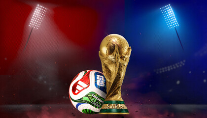 Naklejka premium Karachi, Pakistan, 20 January 2026, FIFA World Cup 2026. Soccer or football Tournament social media post with a Trophy, floodlights, football, and a stadium background. 3D Stock Illustration.