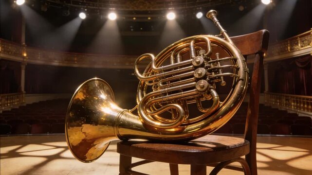 polished french horn resting on chair on empty orchestral stage video