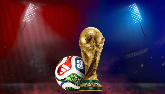 Karachi, Pakistan, 20 January 2026, FIFA World Cup 2026. Soccer or football Tournament social media post with a Trophy, floodlights, football, and a stadium background. 3D Stock Illustration.