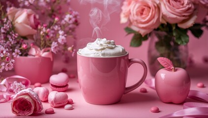Pink roses hot drink and sweet treats create a charming cozy composition