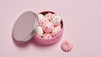 Pink tin filled with colorful heart shaped and swirl meringues on a pink background