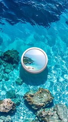 Aqua sea reflection, rocks visible. Circular image inlay showing a beach scene. Light refracted on sea floor