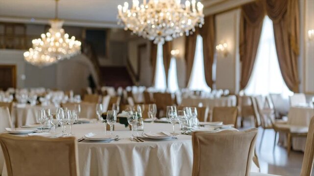 Elegant ballroom scene with tables set for a banquet, sparkling chandeliers, and ornate decor