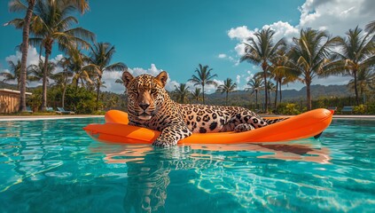 A majestic jaguar relaxes on an orange float in a tropical swimming pool