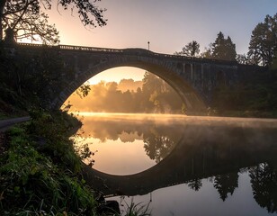 Arched bridge over calm river. Golden light reflects off misty water, framed by lush green banks and trees on either side