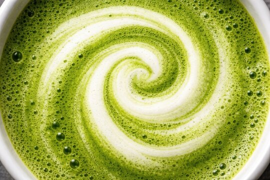 Matcha latte swirl art in white ceramic cup close-up green drink