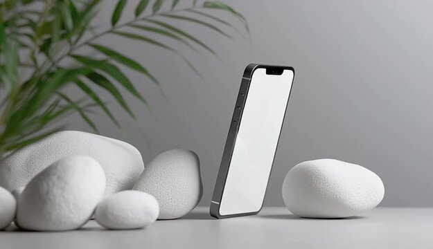 Modern smartphone with blank white screen mockup leaning against white painted rocks, sculptural white stone arrangement, grey gradient background