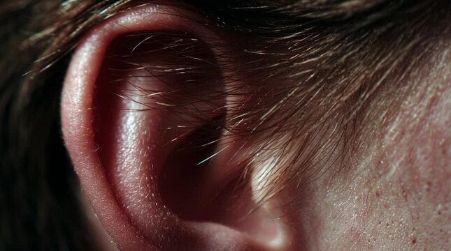 Hyper-real close-up of a human ear with subtle skin folds and fine hairs visible. Vibration-like light patterns suggest sound perception, emphasizing hearing, sensory detail, and enhanced realism.
