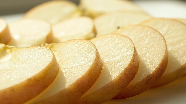 Delicately arranged thin slices of crisp, juicy apple, showcasing the natural freshness and vibrant texture, perfect for a healthy snack, wholesome ingredient, or elegant culinary presentation