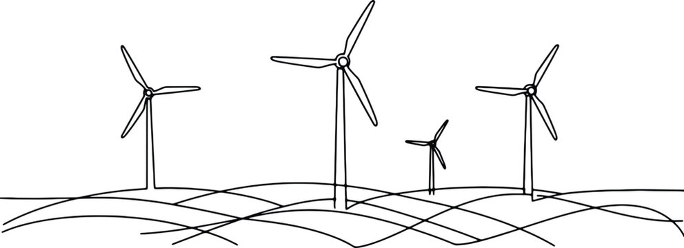 A clean and minimalistic continuous one line drawing of windmills on a hill, vector illustration
