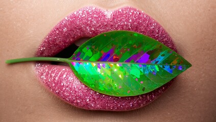 Sparkling lips holding a vibrant iridescent leaf a surreal beauty portrait