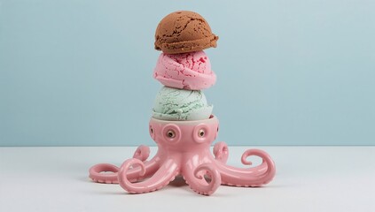 Colorful ice cream scoops playfully stacked on a pink octopus holder