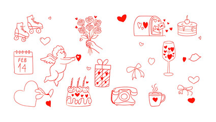 Valentines day themed doodles featuring cupid hearts gifts cakes and more perfect for romantic designs and celebrations transparent background
