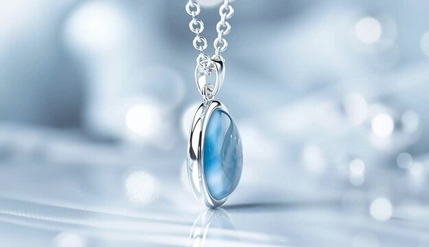 elegant sterling silver pendant necklace with oval larimar stone, light sky blue gemstone with natural white marbling patterns