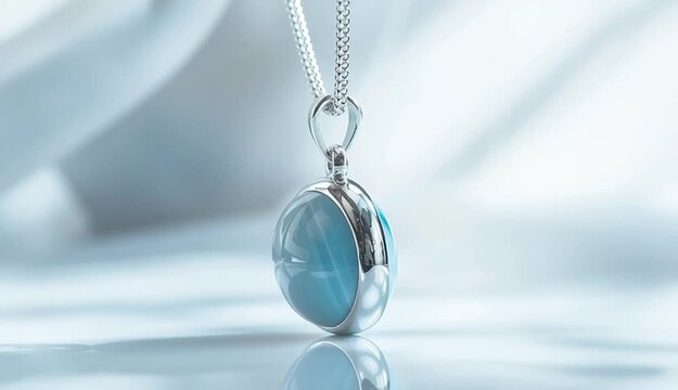 elegant sterling silver pendant necklace with oval larimar stone, light sky blue gemstone with natural white marbling patterns