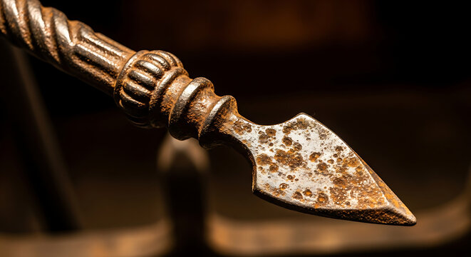 Dramatic close-up of a rustic, heavily rusted metal spearhead featuring ornate twisted details