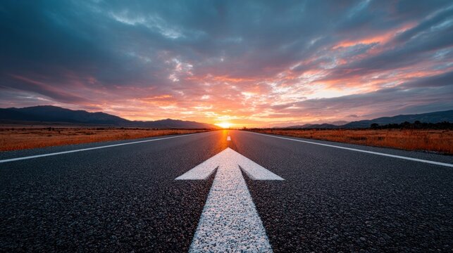 Open road ahead with a sunrise and arrow marking the direction forward