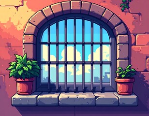 Arched window with bars sits in a brick wall, pots with greenery flank the sill, colorful sky and city backdrop