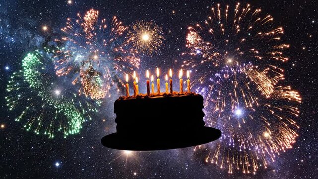 Silhouette of a birthday cake with lit candles against a vibrant night sky filled with colorful fireworks explosions.