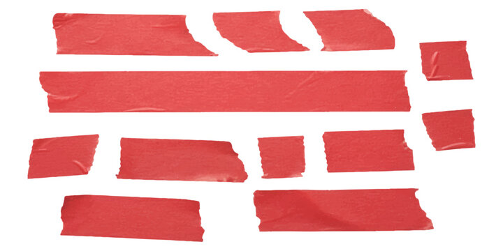 Collection of torn red masking tape pieces, isolated on white background, creative craft supplies element