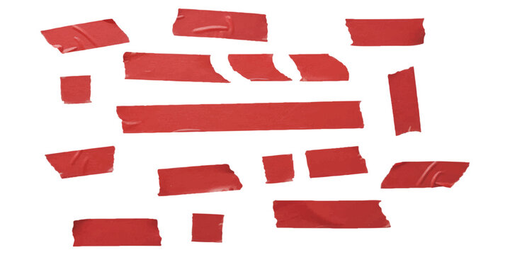 Collection of red adhesive tape strips and pieces scattered on a white background, graphic design elements