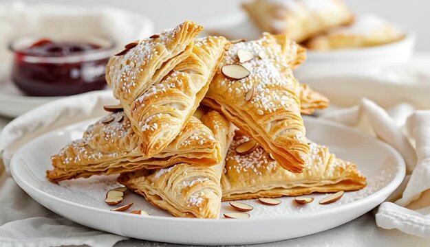 Stack of golden puff pastry turnovers on white ceramic plate, triangle-shaped pastries dusted with powdered sugar